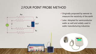 2.FOUR POINT PROBE METHOD
Originally proposed by wenner to
measure the resistivity of the earth
Later, Adopted for semiconductor
wafer as well and widely used in
wafer manufacturing industries
V
Rw
Rc
Rc
RDUT
DUT
 