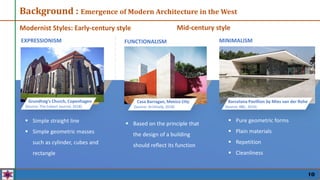 Background : Emergence of Modern Architecture in the West
Modernist Styles: Early-century style Mid-century style
 Based on the principle that
the design of a building
should reflect its function
 Pure geometric forms
 Plain materials
 Repetition
 Cleanliness
Lorem Ipsum Dolor
Barcelona Pavillion by Mies van der Rohe
(Source: BBC, 2014)
Casa Barragan, Mexico CIty
(Source: ArchDaily, 2018)
EXPRESSIONISM FUNCTIONALISM MINIMALISM
 Simple straight line
 Simple geometric masses
such as cylinder, cubes and
rectangle
Grundtvig's Church, Copenhagen
(Source: The Calvert Journal, 2018)
10
 
