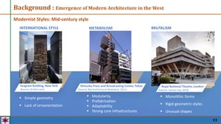 Monolithic forms
 Rigid geometric styles
 Unusual shapes
Background : Emergence of Modern Architecture in the West
Modernist Styles: Mid-century style
11
 Simple geometry
 Lack of ornamentation
 Modularity
 Prefabrication
 Adaptability
 Strong core infrastructures
Royal National Theatre, London
(Source: culture trip, 2019)
Seagram Building, New York
(Source: Arch2o.com)
INTERNATIONAL STYLE METABOLISM BRUTALISM
Lorem Ipsum Dolor
Shizuoka Press and Broadcasting Center, Tokyo
(Source: My Architectural Moleskine, 2011)
 Monolithic forms
 Rigid geometric styles
 Unusual shapes
 