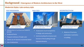 Background : Emergence of Modern Architecture in the West
Modernist Styles:
 Juxtaposition of architectural styles &
periods
 Sculptural forms
 Frequent embrace of bright color
 Liberal use of classical ornamental detail
 Use of abstraction
 Absence of harmony,
continuity or symmetry
in building
 Emphasized visual transparency
in design and construction
 Communicating the structure and
function of the building through
exposed elements
Lorem Ipsum Dolor Walt Disney Concert Hall, LA
(Source: cntraveler.com)
Portland Building
(Source: ArchDaily, 2018)
HSBC headquarters, Hongkong
(Source: Dezeen, 2019)
POST-MODERNISM HIGH-TECH DECONSTRUCTIVISM
Late-century style
12
 