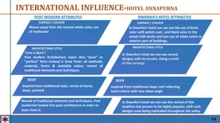 INTERNATIONAL INFLUENCE-HOTEL ANNAPURNA
“Less is Bore”;
Post modern Architecture reject idea “pure” or
“perfect” form instead it draw from: all methods,
material, forms & available colors, revival of
traditional elements and techniques
ARCHITECTURAL STYLE
Inspired from traditional style, revive of dome,
slope, pointed
ROOF
ARCHITECTURAL STYLE
Inspired from traditional slope roof reflecting
local culture with new slope angle
ROOF
Moves away from the neutral white color, use
of multicolor
SURFACE / COLOUR
In Dwarika’s hotel we can see the use of brick
color with polish coat , and black color in the
wood craft works and less use of white colors in
exterior part of buildings.
SURFACE / COLOUR
In Dwarika’s hotel we can see carved
designs with terracotta, Using a mold
of the carvings
Revival of traditional elements and techniques. Post
modernist looked into past architecture in order to
learn from it.
In Dwarika’s hotel we can see the revival of this
tradition has proven to be highly popular, with such
designs now being replicated throughout the valley
POST MODERN ATTRIBUTES DWARIKA’S HOTEL ATTRIBUTES
51
 