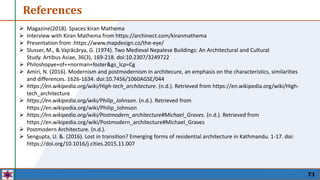 References
73
 Magazine(2018). Spaces:kiran Mathema
 Interview with Kiran Mathema from https://archinect.com/kiranmathema
 Presentation from :https://www.mapdesign.co/the-eye/
 Slusser, M., & Vajrācārya, G. (1974). Two Medieval Nepalese Buildings: An Architectural and Cultural
Study. Artibus Asiae, 36(3), 169-218. doi:10.2307/3249722
 Philoshopye+of++norman+foster&gs_lcp=Cg
 Amiri, N. (2016). Modernism and postmodernism in architecure, an emphasis on the characteristics, similarities
and differences. 1626-1634. doi:10.7456/1060AGSE/044
 https://en.wikipedia.org/wiki/High-tech_architecture. (n.d.). Retrieved from https://en.wikipedia.org/wiki/High-
tech_architecture
 https://en.wikipedia.org/wiki/Philip_Johnson. (n.d.). Retrieved from
https://en.wikipedia.org/wiki/Philip_Johnson
 https://en.wikipedia.org/wiki/Postmodern_architecture#Michael_Graves. (n.d.). Retrieved from
https://en.wikipedia.org/wiki/Postmodern_architecture#Michael_Graves
 Postmodern Architecture. (n.d.).
 Sengupta, U. &. (2016). Lost in transition? Emerging forms of residential architecture in Kathmandu. 1-17. doi:
https://doi.org/10.1016/j.cities.2015.11.007
 