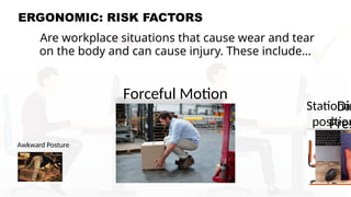 ERGONOMIC: RISK FACTORS
Are workplace situations that cause wear and tear
on the body and can cause injury. These include…
Awkward Posture
Forceful Motion
Stationar
position
Dir
Pres
 