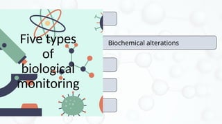 Biochemical alterations
Morphological and
Behavioral observation
population- and
community-level approaches
Modeling
Bio-accumulation
Five types
of
biological
monitoring
 