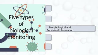 Biochemical alterations
Morphological and
Behavioral observation
population- and
community-level approaches
Modeling
Bio-accumulation
Five types
of
biological
monitoring
 
