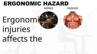 ERGONOMIC HAZARD
Ergonomic
injuries
affects the
MUSCLES
NERVES
 