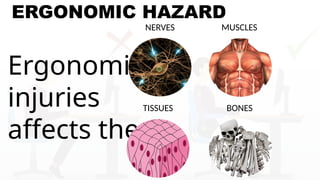 ERGONOMIC HAZARD
Ergonomic
injuries
affects the
BONES
TISSUES
MUSCLES
NERVES
 