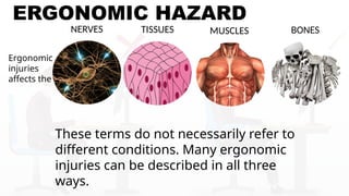 ERGONOMIC HAZARD
Ergonomic
injuries
affects the
BONES
TISSUES MUSCLES
NERVES
These terms do not necessarily refer to
different conditions. Many ergonomic
injuries can be described in all three
ways.
 