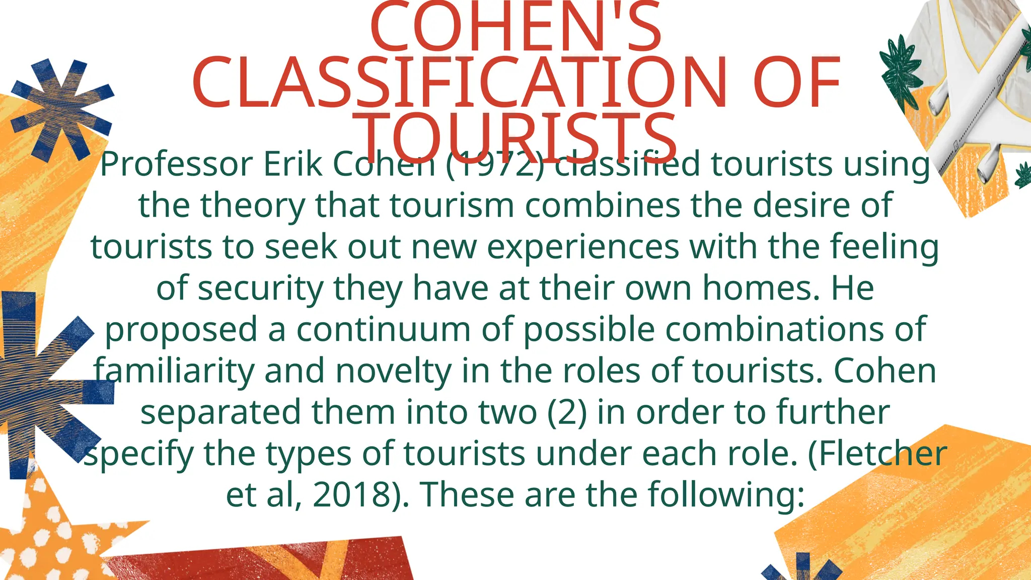Professor Erik Cohen (1972) classified tourists using
the theory that tourism combines the desire of
tourists to seek out new experiences with the feeling
of security they have at their own homes. He
proposed a continuum of possible combinations of
familiarity and novelty in the roles of tourists. Cohen
separated them into two (2) in order to further
specify the types of tourists under each role. (Fletcher
et al, 2018). These are the following:
COHEN'S
CLASSIFICATION OF
TOURISTS
 