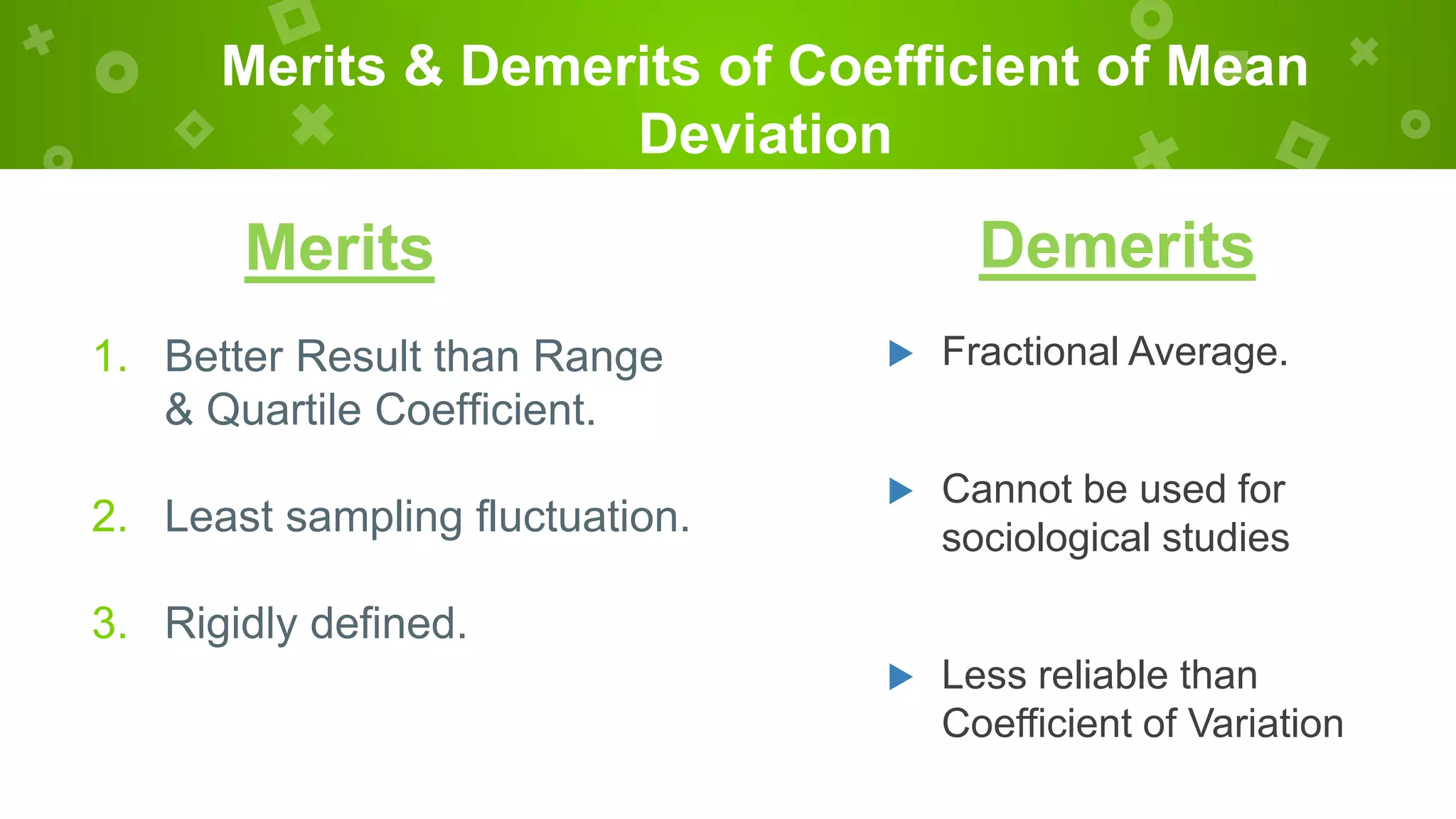 Merits & Demerits of Coefficient of Mean
Deviation
Merits
1. Better Result than Range
& Quartile Coefficient.
2. Least sampling fluctuation.
3. Rigidly defined.
 Fractional Average.
 Cannot be used for
sociological studies
 Less reliable than
Coefficient of Variation
Demerits
 