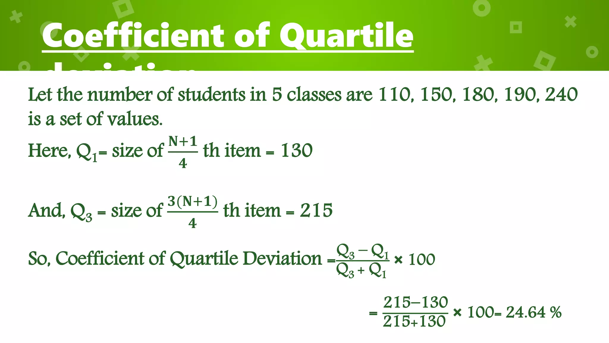 Coefficient of Quartile
deviationLet the number of students in 5 classes are 110, 150, 180, 190, 240
is a set of values.
Here, Q1= size of
𝐍+𝟏
𝟒
th item = 130
And, Q3 = size of
𝟑(𝐍+𝟏)
𝟒
th item = 215
So, Coefficient of Quartile Deviation =Q3 – Q1
Q3 + Q1
× 100
= 215−130
215+130
× 100= 24.64 %
 