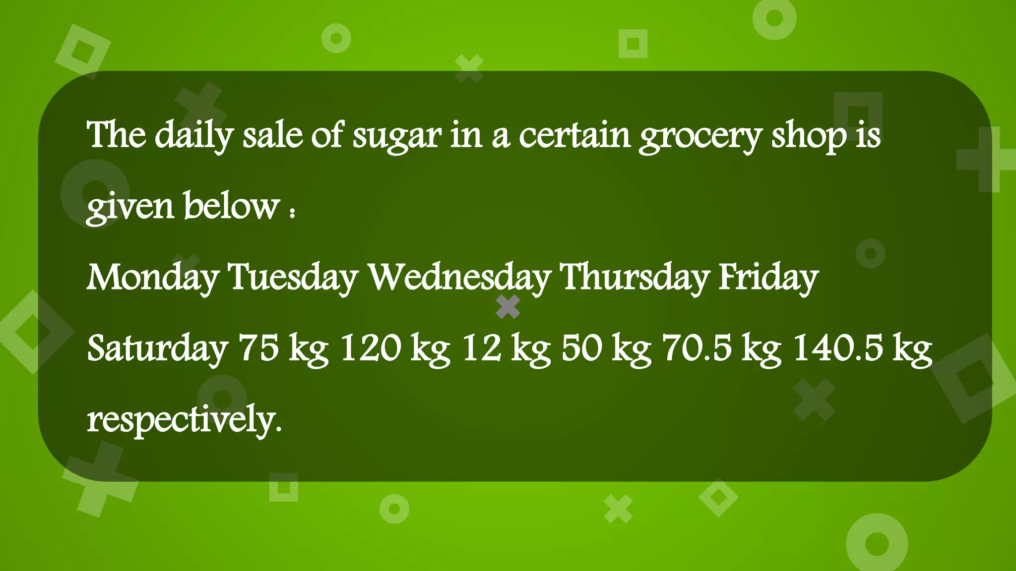 The daily sale of sugar in a certain grocery shop is
given below :
Monday Tuesday Wednesday Thursday Friday
Saturday 75 kg 120 kg 12 kg 50 kg 70.5 kg 140.5 kg
respectively.
 