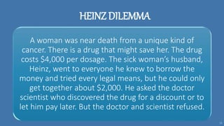 HEINZ DILEMMA
11
A woman was near death from a unique kind of
cancer. There is a drug that might save her. The drug
costs $4,000 per dosage. The sick woman’s husband,
Heinz, went to everyone he knew to borrow the
money and tried every legal means, but he could only
get together about $2,000. He asked the doctor
scientist who discovered the drug for a discount or to
let him pay later. But the doctor and scientist refused.
 