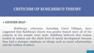 CRITICISM OF KOHLBERG’S THEORY
18
GENDER BIAS :
Kohlberg’s criticisms, Including Carol Gilligan, have
suggested that Kohlberg’s theory was gender–biased since all of the
subjects in his sample were male. Kohlberg believed that women
tended to remain are the third level of moral development because
they had a stronger emphasis on things such as social relationships
and the welfare of others.
 