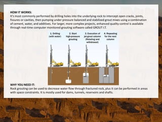 HOW IT WORKS:
It’s most commonly performed by drilling holes into the underlying rock to intercept open cracks, joints,
fissures or cavities, then pumping under pressure balanced and stabilized grout mixes using a combination
of cement, water, and additives. For larger, more complex projects, enhanced quality control is available
through real-time computer monitored grouting software called GROUT I.T.
WHY YOU NEED IT:
Rock grouting can be used to decrease water flow through fractured rock, plus it can be performed in areas
with space constraints. It is mostly used for dams, tunnels, reservoirs and shafts.
 