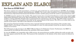 EXPLAIN AND ELABORATE
EXPLAIN AND ELABORATE
How Does an EPIRB Work?
The device contains two radio transmitters, a 5-watt one, and a 0.25-watt one, each operating at 406 MHz, the standard
international frequency typically signaling distress, 406MHz. The 5-watt radio transmitter is synchronized with a GOES
(Geostationary Operational Environmental Satellite) weather satellite going around the earth in a geosynchronous orbit.
An EPIRB transmits signals to the satellite. The signal consists of an encrypted identification number (all in digital code)
which holds information such as the ship’s identification, date of the event, the nature of distress and chiefly, the position.
A UIN is a Unique Identifier Number that is programmed into each beacon at the factory. The UIN number consists of
15-digit series of letters and numbers that make up the unique identity of the beacon. The UIN is on a white label on the
exterior of the beacon. The UIN is also referred to as the Hex ID.
The Local User Terminal (satellite receiving units or ground stations) calculates the position of the casualty using
Doppler Shift (is the change in frequency or wavelength of a wave (or other periodic events) for an observer moving
relative to its source).
The LUT passes on the message to the MRCC (Mission Rescue Co-Ordination Centre). Furthermore, the MRCC is
responsible for the SAR ops and oversees the execution of the rescue mission.
In case the EPIRB is not compatible with a GPS receiver, the geosynchronous satellite orbiting the earth can pick only
the radio signals emitted by the radio. The location of the transmitter or the identity of the owner cannot be deduced in
this case.
 