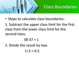 Class Boundaries
• Steps to calculate class boundaries:
1. Subtract the upper class limit for the first
class from the lower class limit for the
second class.
38-37 = 1
2. Divide the result by two.
1÷2 = 0.5
 