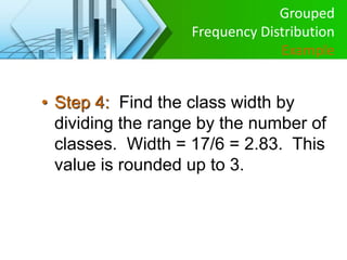 Grouped
Frequency Distribution
Example
• Step 4: Find the class width by
dividing the range by the number of
classes. Width = 17/6 = 2.83. This
value is rounded up to 3.
 