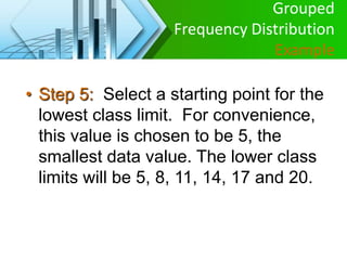 • Step 5: Select a starting point for the
lowest class limit. For convenience,
this value is chosen to be 5, the
smallest data value. The lower class
limits will be 5, 8, 11, 14, 17 and 20.
Grouped
Frequency Distribution
Example
 