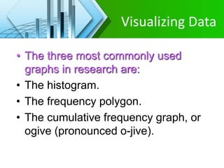 Visualizing Data
• The three most commonly used
graphs in research are:
• The histogram.
• The frequency polygon.
• The cumulative frequency graph, or
ogive (pronounced o-jive).
 
