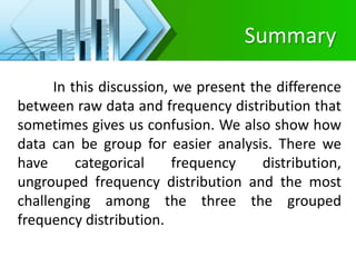 Summary
In this discussion, we present the difference
between raw data and frequency distribution that
sometimes gives us confusion. We also show how
data can be group for easier analysis. There we
have categorical frequency distribution,
ungrouped frequency distribution and the most
challenging among the three the grouped
frequency distribution.
 