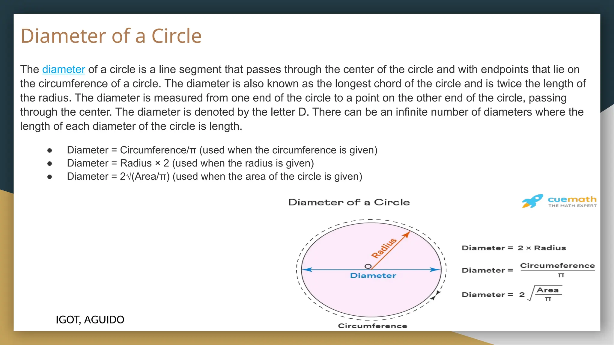 Diameter of a Circle
The diameter of a circle is a line segment that passes through the center of the circle and with endpoints that lie on
the circumference of a circle. The diameter is also known as the longest chord of the circle and is twice the length of
the radius. The diameter is measured from one end of the circle to a point on the other end of the circle, passing
through the center. The diameter is denoted by the letter D. There can be an infinite number of diameters where the
length of each diameter of the circle is length.
● Diameter = Circumference/π (used when the circumference is given)
● Diameter = Radius × 2 (used when the radius is given)
● Diameter = 2√(Area/π) (used when the area of the circle is given)
IGOT, AGUIDO
 