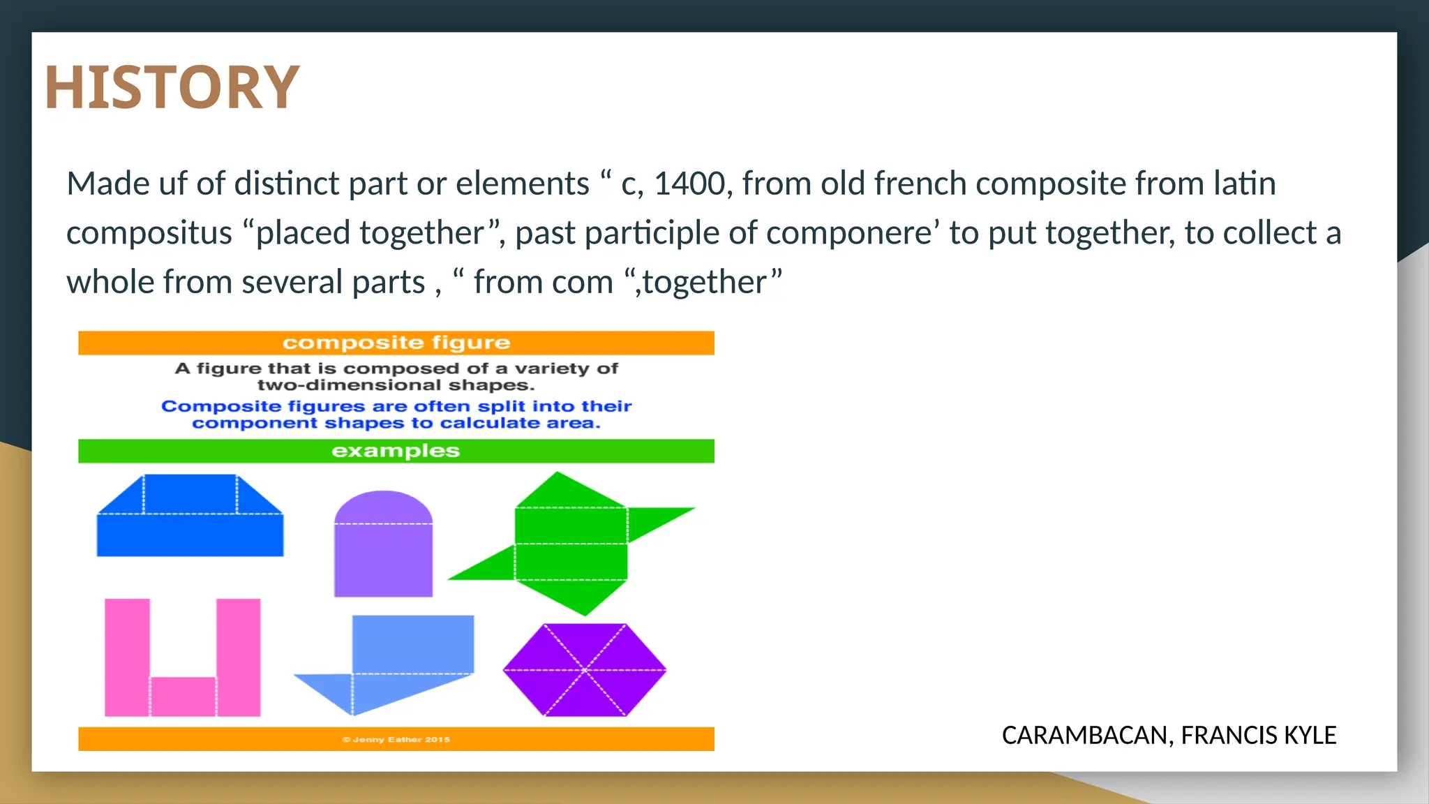 HISTORY
Made uf of distinct part or elements “ c, 1400, from old french composite from latin
compositus “placed together”, past participle of componere’ to put together, to collect a
whole from several parts , “ from com “,together”
CARAMBACAN, FRANCIS KYLE
 