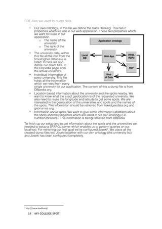 RDF-files we used to query data

                           •                          Our own ontology. In this file we define the class Ranking. This has 2
                                                      properties which we use in our web application. These two properties which
                                                      we want to reuse in our
                                                      application.
                                                           o The name of the
                                                                university
                                                           o The rank of the
                                                                university
                           •                          The university data, within
                                                      this file all the info from the
                                                      timeshigher database is
                                                      listed. In here we also
                                                      define our direct URL to
                                                      the DBpedia page from
                                                      the actual university.
                           •                          Individual information of
                                                      every university. This file
                                                      holds all the information
                                                      which we need from every
                                                      single university for our application. The content of this a dump file is from
                                                      DBpedia.org.
                           •                          Location based information about the university and the spots nearby. We
                                                      want to know what the exact geolocation is of the requested university. We
                                                      also need to reuse this longitude and latitude to get some spots. We are
                                                      interested in the geolocation of the universities and spots and the names of
                                                      the spots. This information should be retrieved from linkedgeodata.org and
                                                      geonames.org.
                           •                          Information about spots. We want to give some information (abstract) about
                                                      the spots and the properties which are listed in our own ontology (i.e.
                                                      numberOfVisitors). This information is being retrieved from DBpedia
To finish up our setup and to get information about the spots and the universities we
needed to setup a SPARQL server which enables us to perform queries on our
localhost. For retrieving our final goal we’ve configured Joseki2. We place all the
created dump files into Joseki together with our own ontology (the university list)
and Joseki has been configured completely.

	
                                                                                                                                                                                                                         	
  




	
  	
  	
  	
  	
  	
  	
  	
  	
  	
  	
  	
  	
  	
  	
  	
  	
  	
  	
  	
  	
  	
  	
  	
  	
  	
  	
  	
  	
  	
  	
  	
  	
  	
  	
  	
  	
  	
  	
  	
  	
  	
  	
  	
  	
  	
  	
  	
  	
  	
  	
  	
  	
  	
  	
  	
  
2      	
  http://www.joseki.org/	
  

                   14	
   MY	
  COLLEGE	
  SPOT	
  
	
  
 