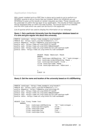 Application Interface

With Joseki installed and our RDF files in place we’re ready to go to perform our
SPARQL queries to all our dump files we created. Within our localhost we use
SPARQLer to give us the results on certain requests we make. These requests will
be used later on within the top layer of our application. The results of these requests
will be displayed later on within the web browse. The actual result of our website
and the html code which we used can be found in the appendix.
List of queries which we used to display the information on our webpage:

Query 1: Get a particular University from the timeshigher database based on
it’s rank and give regular info about this university

PREFIX   rankings: <http://www.example.org/vocab/>
PREFIX   dc: <http://purl.org/dc/elements/1.1/>
prefix   dbpedia: <http://dbpedia.org/ontology/#>
prefix   owl: <http://www.w3.org/2002/07/owl#>
prefix   xsd: <http://www.w3.org/2001/XMLSchema#>
prefix   rdf: <http://www.w3.org/1999/02/22-rdf-syntax-ns#>
prefix   rdfs: <http://www.w3.org/2000/01/rdf-schema#>


                              SELECT ?Name ?Abstract ?Rank
                              WHERE{
                              ?uni rankings:idOfRanking '92'^^xsd:integer .
                              ?uni rankings:orderOfRanking ?Rank .
                              ?uni rankings:belongsTo ?link .
                              ?link rankings:name ?Name .
                              ?link rankings:abstract ?Abstract .


                              }
                              LIMIT 10


Query 2: Get the name and location of the university based on it’s idOfRanking



PREFIX   rankings: <http://www.example.org/vocab/>
PREFIX   dc: <http://purl.org/dc/elements/1.1/>
prefix   dbpedia: <http://dbpedia.org/ontology/#>
prefix   owl: <http://www.w3.org/2002/07/owl#>
prefix   xsd: <http://www.w3.org/2001/XMLSchema#>
prefix   rdf: <http://www.w3.org/1999/02/22-rdf-syntax-ns#>
prefix   rdfs: <http://www.w3.org/2000/01/rdf-schema#>


SELECT ?lat ?long     ?name ?uni
      WHERE{
             ?uni     rankings:idOfRanking           '92'^^xsd:integer .
             ?uni     rankings:belongsTo             ?link .
             ?link    rankings:name                  ?name .
             ?link    rankings:lat                   ?lat .
             ?link    rankings:long                  ?long .
	
    	
     	
       	
  
}




                                                               MY	
  COLLEGE	
  SPOT	
   15	
  
	
  
 