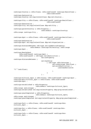 rankings:Country a rdfs:Class; rdfs:subClassOf rankings:BasicClass ;
                                    rdfs:subClassOf
rankings:GeoLocation .
rankings:Country owl:equivalentClass dbp-owl:Country .

rankings:City a rdfs:Class; rdfs:subClassOf rankings:BasicClass ;
                                    rdfs:subClassOf
rankings:GeoLocation .
rankings:City owl:equivalentClass dbp-owl:City .

rankings:parentCountry a rdfs:Property ;
                              rdfs:domain rankings:Country;
rdfs:range rankings:City .


rankings:Spot a rdfs:Class; rdfs:subClassOF rankings:BasicClass ;
                                    rdfs:subClassOf
rankings:GeoLocation .
rankings:Spot owl:equivalentClass dbp-owl:Organisation .

rankings:distanceBetween rdf:type owl:symmetricProperty;
                  rdfs:domain rankings:University; rdfs:range
rankings:Spot .

rankings:NearbySpot
      rdfs:subClassOf rankings:Spot ;
      rdfs:subClassOf [ rdf:type owl:Restriction ;
                              owl:onProperty
rankings:distanceBetween ;
                              owl:hasValue
                                    [ rdf:type rdfs:Datatype ;
                                           owl:onDatatype xsd:float ;
                                           owl:withRestriction (
                                                 [xsd:maxExclusive
"5"^^xsd:float]
                                           )
                                    ]
                              ] .

rankings:Cultural_Spot a rdfs:Class; rdfs:subClassOf rankings:Spot .
rankings:Non-cultural_Spot a rdfs:Class; rdfs:subClassOf
rankings:Spot .

rankings:established a rdfs:Property;
                         rdfs:domain rankings:Cultural_Spot;
rdfs:range xsd:integer .
rankings:established owl:equivalentProperty dbp-prop:established .

rankings:yearCompleted a rdfs:Property;
                         rdfs:domain rankings:Cultural_Spot;
rdfs:range xsd:integer .
rankings:yearCompleted owl:equivalentProperty dbp-prop:yearCompleted .


rankings:Park a rdfs:Class; rdfs:subClassOf rankings:Non-
cultural_Spot .

rankings:Zoo a rdfs:Class; rdfs:subClassOf rankings:Non-
cultural_Spot .

rankings:Cafe a rdfs:Class; rdfs:subClassOf rankings:Non-
cultural_Spot .


                                                  MY	
  COLLEGE	
  SPOT	
   21	
  
	
  
 