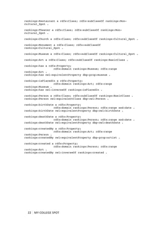 rankings:Restaurant a rdfs:Class; rdfs:subClassOf rankings:Non-
cultural_Spot .

rankings:Theater a rdfs:Class; rdfs:subClassOf rankings:Non-
cultural_Spot .

rankings:Church a rdfs:Class; rdfs:subClassOf rankings:Cultural_Spot .

rankings:Monument a rdfs:Class; rdfs:subClassOf
rankings:Cultural_Spot .

rankings:Museum a rdfs:Class; rdfs:subClassOf rankings:Cultural_Spot .

rankings:Art a rdfs:Class; rdfs:subClassOf rankings:BasicClass .

rankings:has a rdfs:Property;
                  rdfs:domain rankings:Museum; rdfs:range
rankings:Art .
rankings:has owl:equivalentProperty dbp-prop:museum .

rankings:isPlacedIn a rdfs:Property;
                  rdfs:domain rankings:Art; rdfs:range
rankings:Museum .
rankings:has owl:inverseOf rankings:isPlacedIn .

rankings:Person a rdfs:Class; rdfs:subClassOf rankings:BasicClass .
rankings:Person owl:equivalentClass dbp-owl:Person .

rankings:birthDate a rdfs:Property;
                  rdfs:domain rankings:Person; rdfs:range xsd:date .
rankings:birthDate owl:equivalentProperty dbp-owl:birthDate .

rankings:deathDate a rdfs:Property;
                  rdfs:domain rankings:Person; rdfs:range xsd:date .
rankings:deathDate owl:equivalentProperty dbp-owl:deathDate .

rankings:createdBy a rdfs:Property;
                  rdfs:domain rankings:Art; rdfs:range
rankings:Person .
rankings:createdBy owl:equivalentProperty dbp-prop:artist .

rankings:created a rdfs:Property;
                  rdfs:domain rankings:Person; rdfs:range
rankings:Art .
rankings:createdBy owl:inverseOf rankings:created .




       22	
   MY	
  COLLEGE	
  SPOT	
  
	
  
 