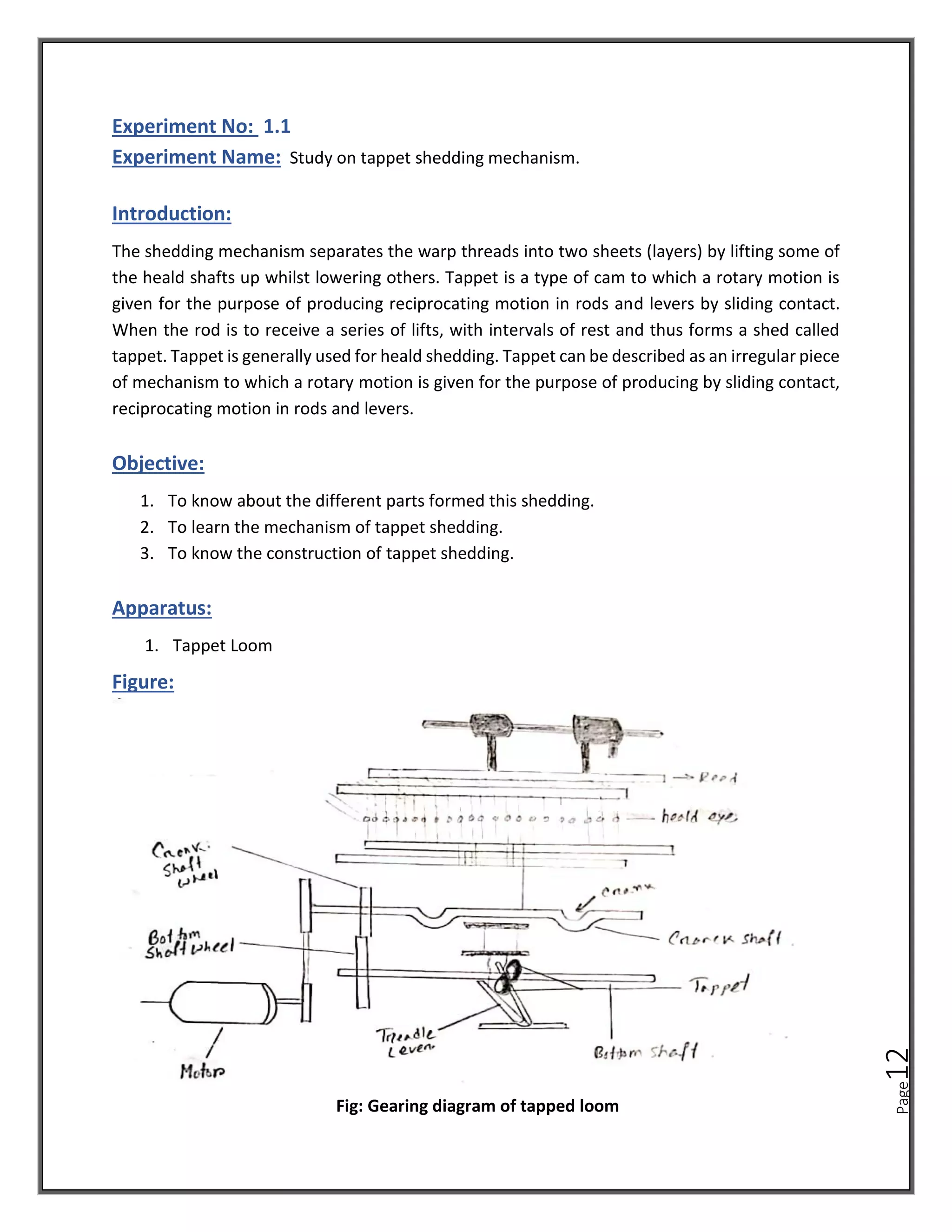 Page
12
Experiment No: 1.1
Experiment Name: Study on tappet shedding mechanism.
Introduction:
The shedding mechanism separates the warp threads into two sheets (layers) by lifting some of
the heald shafts up whilst lowering others. Tappet is a type of cam to which a rotary motion is
given for the purpose of producing reciprocating motion in rods and levers by sliding contact.
When the rod is to receive a series of lifts, with intervals of rest and thus forms a shed called
tappet. Tappet is generally used for heald shedding. Tappet can be described as an irregular piece
of mechanism to which a rotary motion is given for the purpose of producing by sliding contact,
reciprocating motion in rods and levers.
Objective:
1. To know about the different parts formed this shedding.
2. To learn the mechanism of tappet shedding.
3. To know the construction of tappet shedding.
Apparatus:
1. Tappet Loom
Figure:
Fig: Gearing diagram of tapped loom
 