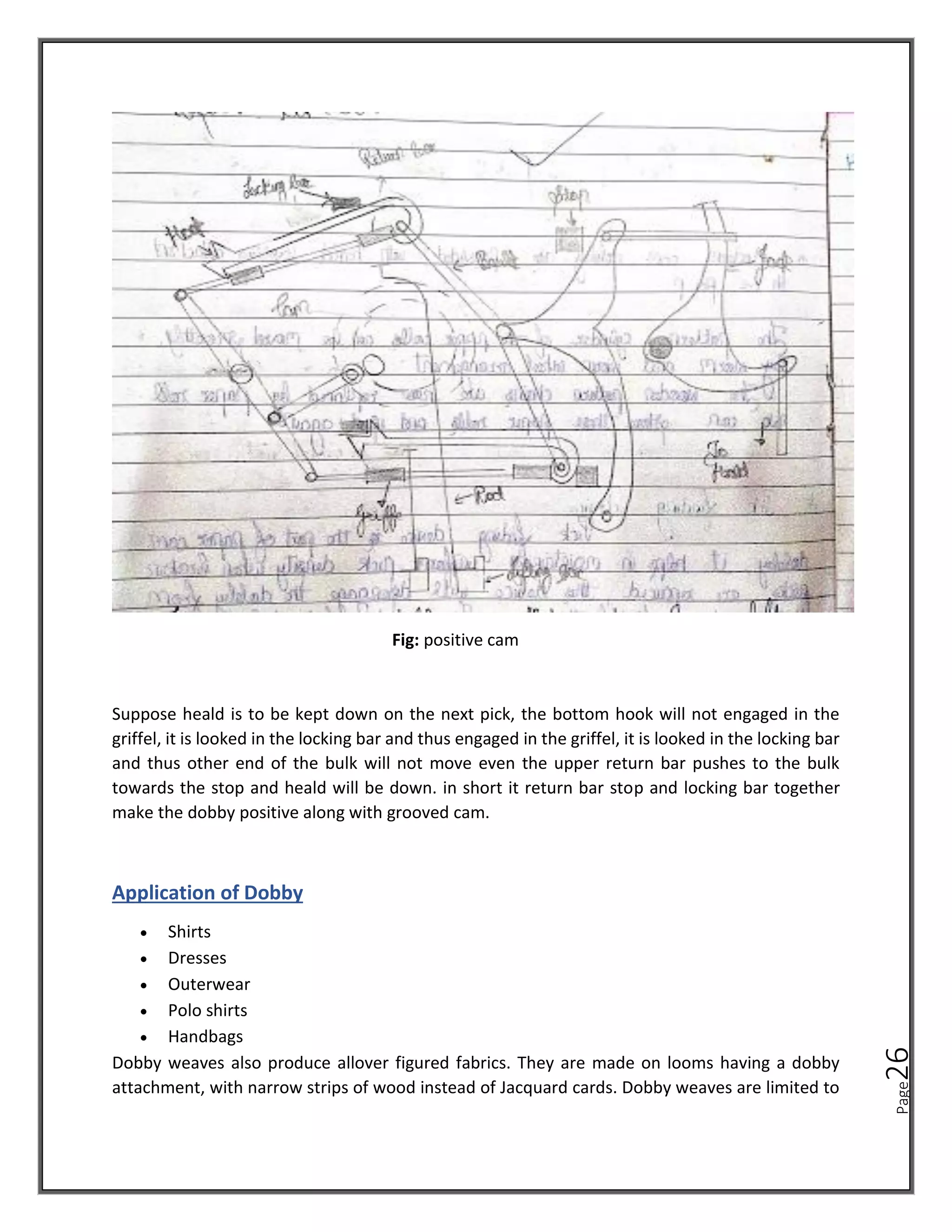 Page
26
Fig: positive cam
Suppose heald is to be kept down on the next pick, the bottom hook will not engaged in the
griffel, it is looked in the locking bar and thus engaged in the griffel, it is looked in the locking bar
and thus other end of the bulk will not move even the upper return bar pushes to the bulk
towards the stop and heald will be down. in short it return bar stop and locking bar together
make the dobby positive along with grooved cam.
Application of Dobby
• Shirts
• Dresses
• Outerwear
• Polo shirts
• Handbags
Dobby weaves also produce allover figured fabrics. They are made on looms having a dobby
attachment, with narrow strips of wood instead of Jacquard cards. Dobby weaves are limited to
 