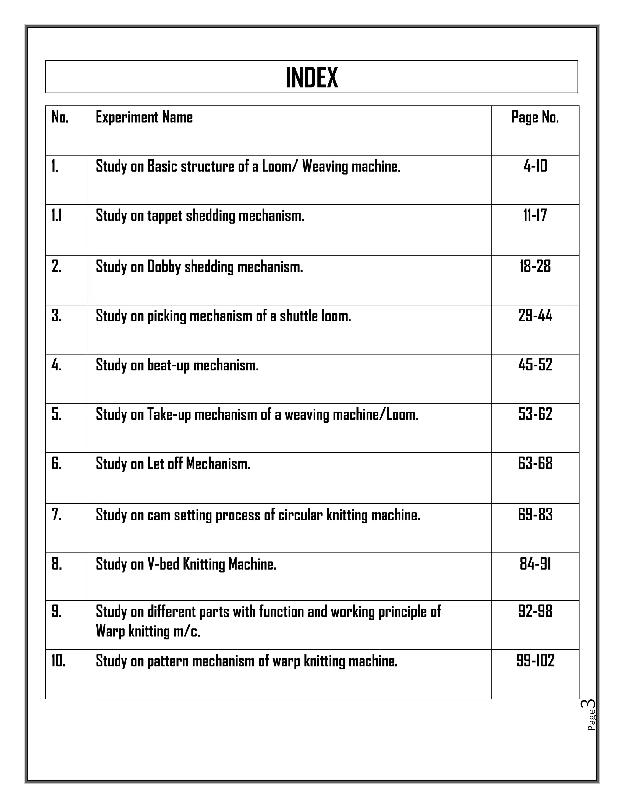 Page
3
No. Experiment Name Page No.
1. Study on Basic structure of a Loom/ Weaving machine. 4-10
1.1 Study on tappet shedding mechanism. 11-17
2. Study on Dobby shedding mechanism. 18-28
3. Study on picking mechanism of a shuttle loom. 29-44
4. Study on beat-up mechanism. 45-52
5. Study on Take-up mechanism of a weaving machine/Loom. 53-62
6. Study on Let off Mechanism. 63-68
7. Study on cam setting process of circular knitting machine. 69-83
8. Study on V-bed Knitting Machine. 84-91
9. Study on different parts with function and working principle of
Warp knitting m/c.
92-98
10. Study on pattern mechanism of warp knitting machine. 99-102
INDEX
 