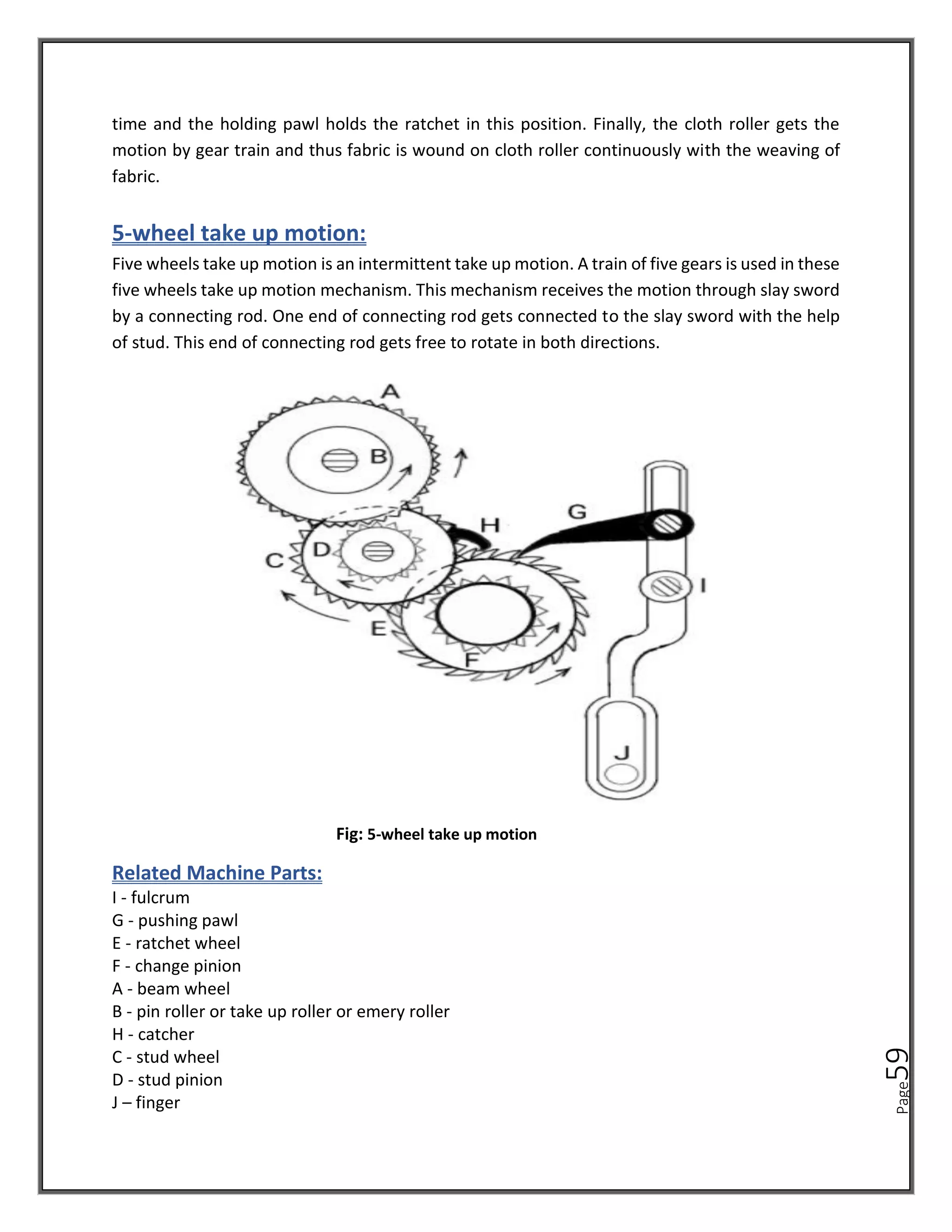 Page
59
time and the holding pawl holds the ratchet in this position. Finally, the cloth roller gets the
motion by gear train and thus fabric is wound on cloth roller continuously with the weaving of
fabric.
5-wheel take up motion:
Five wheels take up motion is an intermittent take up motion. A train of five gears is used in these
five wheels take up motion mechanism. This mechanism receives the motion through slay sword
by a connecting rod. One end of connecting rod gets connected to the slay sword with the help
of stud. This end of connecting rod gets free to rotate in both directions.
Fig: 5-wheel take up motion
Related Machine Parts:
I - fulcrum
G - pushing pawl
E - ratchet wheel
F - change pinion
A - beam wheel
B - pin roller or take up roller or emery roller
H - catcher
C - stud wheel
D - stud pinion
J – finger
 