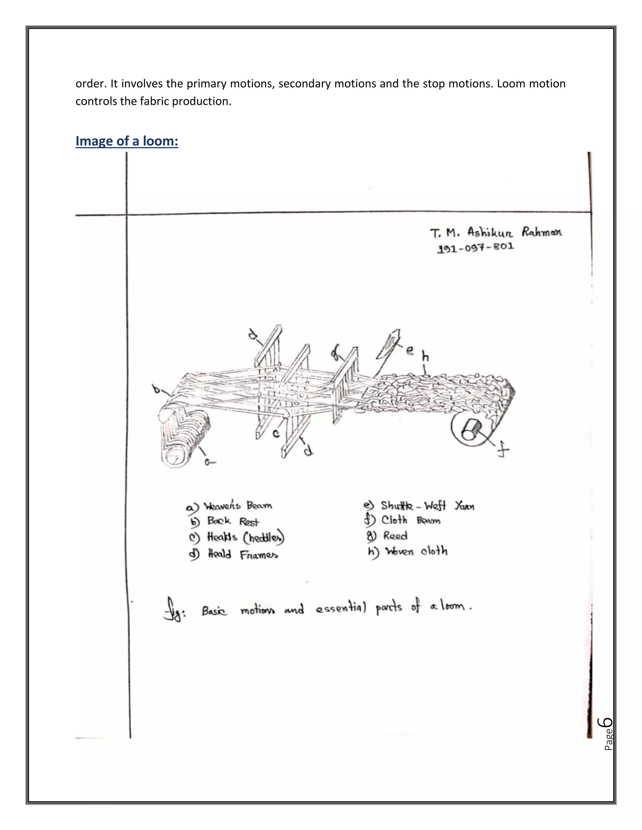 Page
6
order. It involves the primary motions, secondary motions and the stop motions. Loom motion
controls the fabric production.
Image of a loom:
 