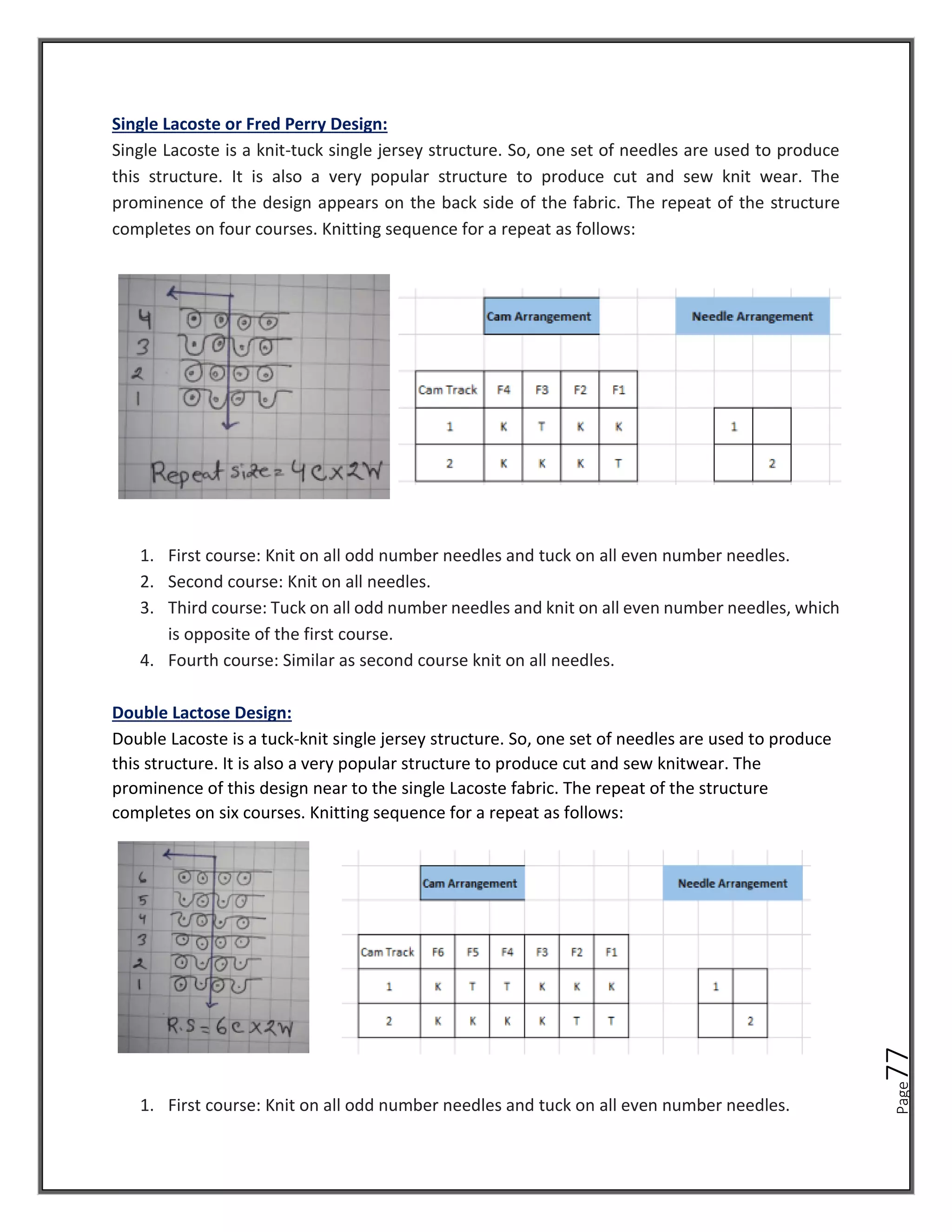 Page
77
Single Lacoste or Fred Perry Design:
Single Lacoste is a knit-tuck single jersey structure. So, one set of needles are used to produce
this structure. It is also a very popular structure to produce cut and sew knit wear. The
prominence of the design appears on the back side of the fabric. The repeat of the structure
completes on four courses. Knitting sequence for a repeat as follows:
1. First course: Knit on all odd number needles and tuck on all even number needles.
2. Second course: Knit on all needles.
3. Third course: Tuck on all odd number needles and knit on all even number needles, which
is opposite of the first course.
4. Fourth course: Similar as second course knit on all needles.
Double Lactose Design:
Double Lacoste is a tuck-knit single jersey structure. So, one set of needles are used to produce
this structure. It is also a very popular structure to produce cut and sew knitwear. The
prominence of this design near to the single Lacoste fabric. The repeat of the structure
completes on six courses. Knitting sequence for a repeat as follows:
1. First course: Knit on all odd number needles and tuck on all even number needles.
 