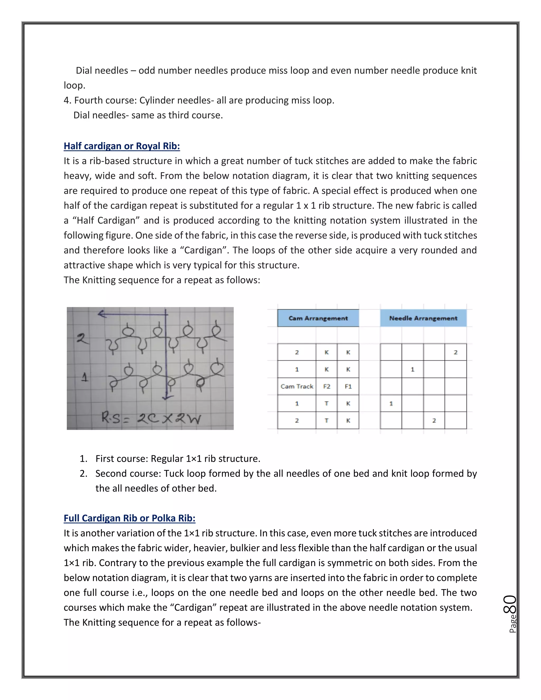 Page
80
Dial needles – odd number needles produce miss loop and even number needle produce knit
loop.
4. Fourth course: Cylinder needles- all are producing miss loop.
Dial needles- same as third course.
Half cardigan or Royal Rib:
It is a rib-based structure in which a great number of tuck stitches are added to make the fabric
heavy, wide and soft. From the below notation diagram, it is clear that two knitting sequences
are required to produce one repeat of this type of fabric. A special effect is produced when one
half of the cardigan repeat is substituted for a regular 1 x 1 rib structure. The new fabric is called
a “Half Cardigan” and is produced according to the knitting notation system illustrated in the
following figure. One side of the fabric, in this case the reverse side, is produced with tuck stitches
and therefore looks like a “Cardigan”. The loops of the other side acquire a very rounded and
attractive shape which is very typical for this structure.
The Knitting sequence for a repeat as follows:
1. First course: Regular 1×1 rib structure.
2. Second course: Tuck loop formed by the all needles of one bed and knit loop formed by
the all needles of other bed.
Full Cardigan Rib or Polka Rib:
It is another variation of the 1×1 rib structure. In this case, even more tuck stitches are introduced
which makes the fabric wider, heavier, bulkier and less flexible than the half cardigan or the usual
1×1 rib. Contrary to the previous example the full cardigan is symmetric on both sides. From the
below notation diagram, it is clear that two yarns are inserted into the fabric in order to complete
one full course i.e., loops on the one needle bed and loops on the other needle bed. The two
courses which make the “Cardigan” repeat are illustrated in the above needle notation system.
The Knitting sequence for a repeat as follows-
 