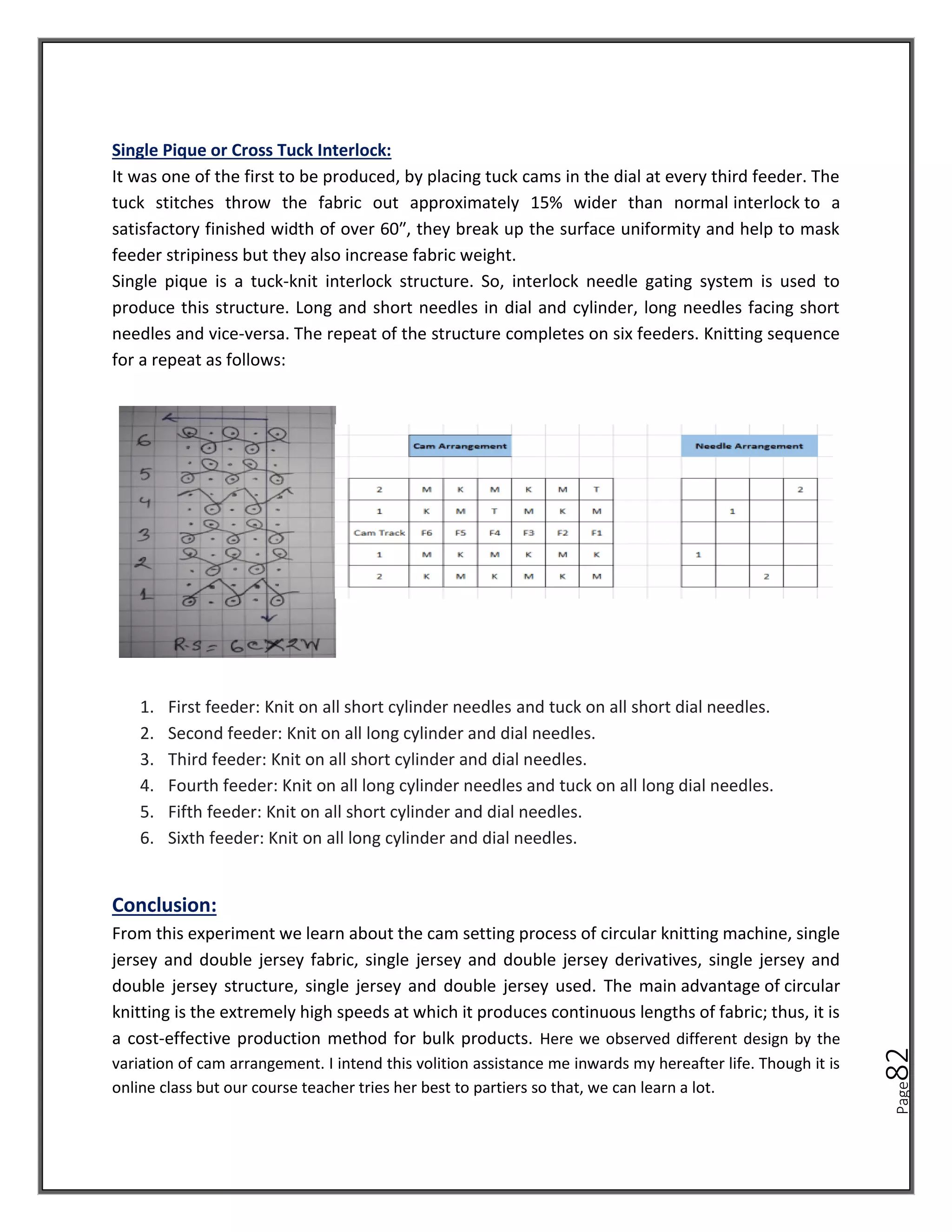 Page
82
Single Pique or Cross Tuck Interlock:
It was one of the first to be produced, by placing tuck cams in the dial at every third feeder. The
tuck stitches throw the fabric out approximately 15% wider than normal interlock to a
satisfactory finished width of over 60″, they break up the surface uniformity and help to mask
feeder stripiness but they also increase fabric weight.
Single pique is a tuck-knit interlock structure. So, interlock needle gating system is used to
produce this structure. Long and short needles in dial and cylinder, long needles facing short
needles and vice-versa. The repeat of the structure completes on six feeders. Knitting sequence
for a repeat as follows:
1. First feeder: Knit on all short cylinder needles and tuck on all short dial needles.
2. Second feeder: Knit on all long cylinder and dial needles.
3. Third feeder: Knit on all short cylinder and dial needles.
4. Fourth feeder: Knit on all long cylinder needles and tuck on all long dial needles.
5. Fifth feeder: Knit on all short cylinder and dial needles.
6. Sixth feeder: Knit on all long cylinder and dial needles.
Conclusion:
From this experiment we learn about the cam setting process of circular knitting machine, single
jersey and double jersey fabric, single jersey and double jersey derivatives, single jersey and
double jersey structure, single jersey and double jersey used. The main advantage of circular
knitting is the extremely high speeds at which it produces continuous lengths of fabric; thus, it is
a cost-effective production method for bulk products. Here we observed different design by the
variation of cam arrangement. I intend this volition assistance me inwards my hereafter life. Though it is
online class but our course teacher tries her best to partiers so that, we can learn a lot.
 