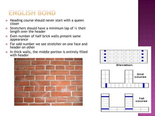 





Heading course should never start with a queen
closer
Stretchers should have a minimum lap of ¼ their
length over the header
Even number of half brick walls present same
appearance
For odd number we see stretcher on one face and
header on other
In thick walls, the middle portion is entirely filled
with header

 