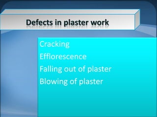 Defects in plaster work

Cracking
Efflorescence
Falling out of plaster
Blowing of plaster

 