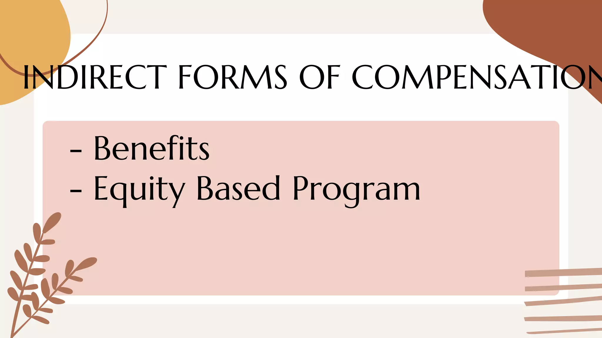 INDIRECT FORMS OF COMPENSATION
- Benefits
- Equity Based Program
 