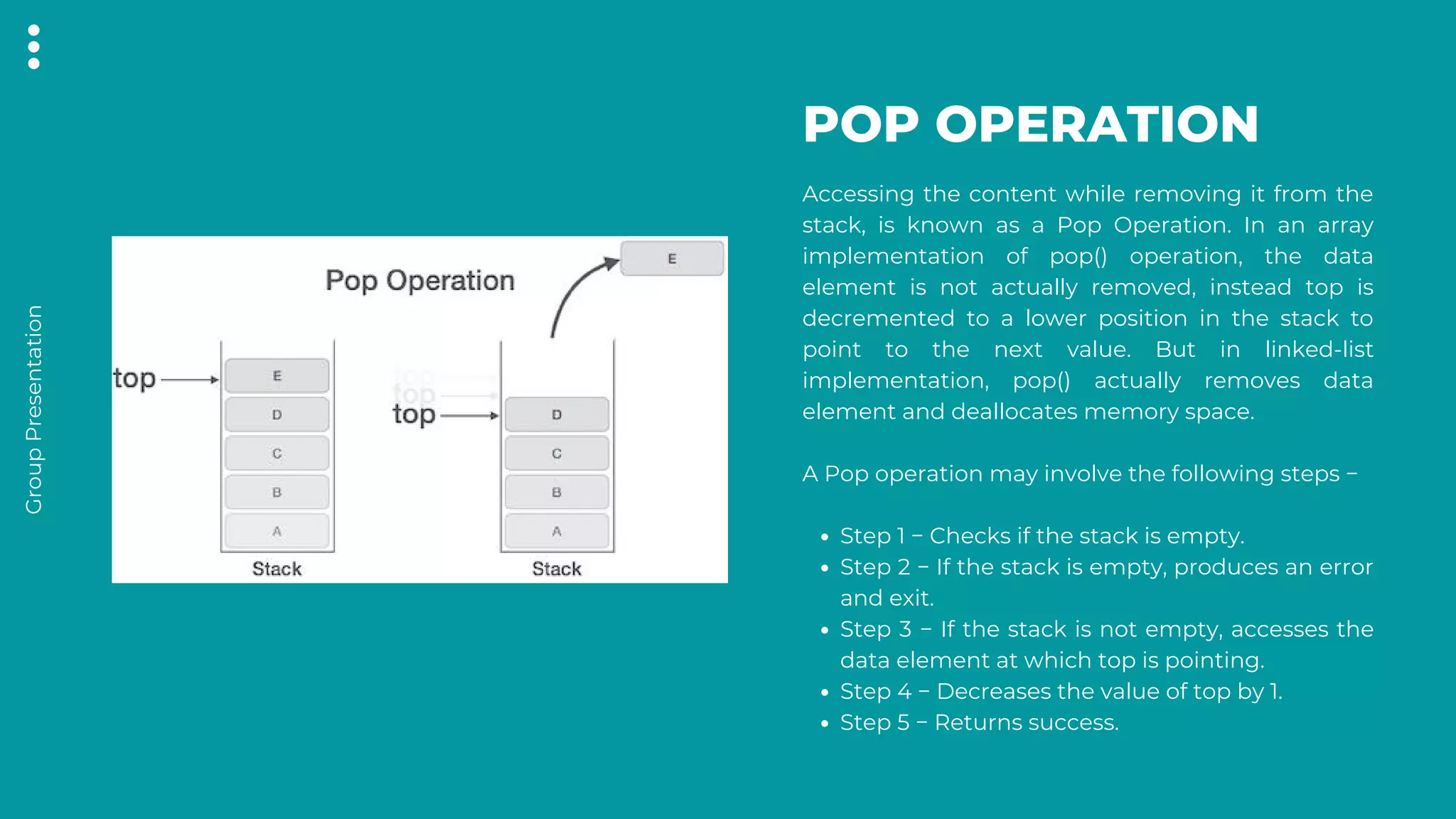 Group
Presentation
POP OPERATION
Step 1 − Checks if the stack is empty.
Step 2 − If the stack is empty, produces an error
and exit.
Step 3 − If the stack is not empty, accesses the
data element at which top is pointing.
Step 4 − Decreases the value of top by 1.
Step 5 − Returns success.
Accessing the content while removing it from the
stack, is known as a Pop Operation. In an array
implementation of pop() operation, the data
element is not actually removed, instead top is
decremented to a lower position in the stack to
point to the next value. But in linked-list
implementation, pop() actually removes data
element and deallocates memory space.
A Pop operation may involve the following steps −
 