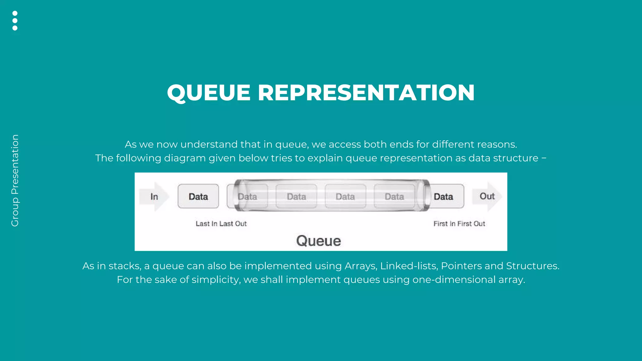 Group
Presentation
QUEUE REPRESENTATION
As in stacks, a queue can also be implemented using Arrays, Linked-lists, Pointers and Structures.
For the sake of simplicity, we shall implement queues using one-dimensional array.
As we now understand that in queue, we access both ends for different reasons.
The following diagram given below tries to explain queue representation as data structure −
 