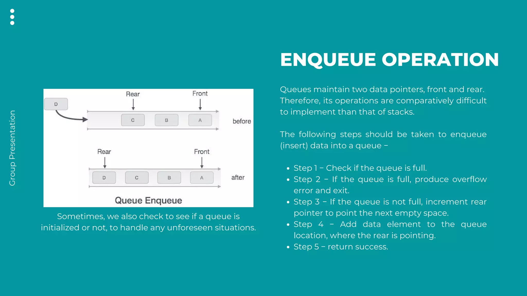 Group
Presentation
ENQUEUE OPERATION
Step 1 − Check if the queue is full.
Step 2 − If the queue is full, produce overflow
error and exit.
Step 3 − If the queue is not full, increment rear
pointer to point the next empty space.
Step 4 − Add data element to the queue
location, where the rear is pointing.
Step 5 − return success.
Queues maintain two data pointers, front and rear.
Therefore, its operations are comparatively difficult
to implement than that of stacks.
The following steps should be taken to enqueue
(insert) data into a queue −
Sometimes, we also check to see if a queue is
initialized or not, to handle any unforeseen situations.
 