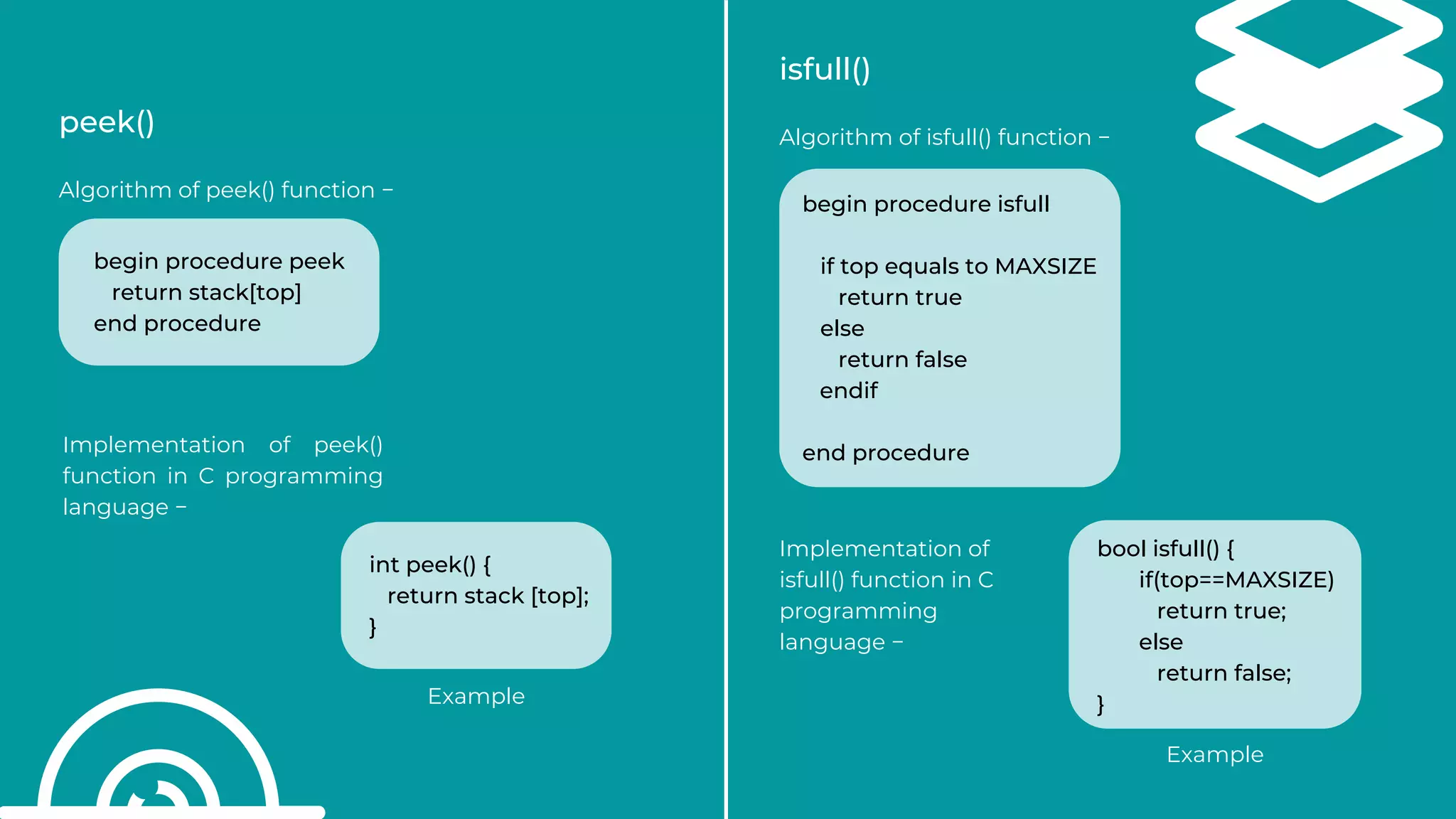 peek()
Algorithm of peek() function −
Implementation of peek()
function in C programming
language −
isfull()
Algorithm of isfull() function −
begin procedure peek
return stack[top]
end procedure
int peek() {
return stack [top];
}
begin procedure isfull
if top equals to MAXSIZE
return true
else
return false
endif
end procedure
Implementation of
isfull() function in C
programming
language −
bool isfull() {
if(top==MAXSIZE)
return true;
else
return false;
}
Example
Example
 