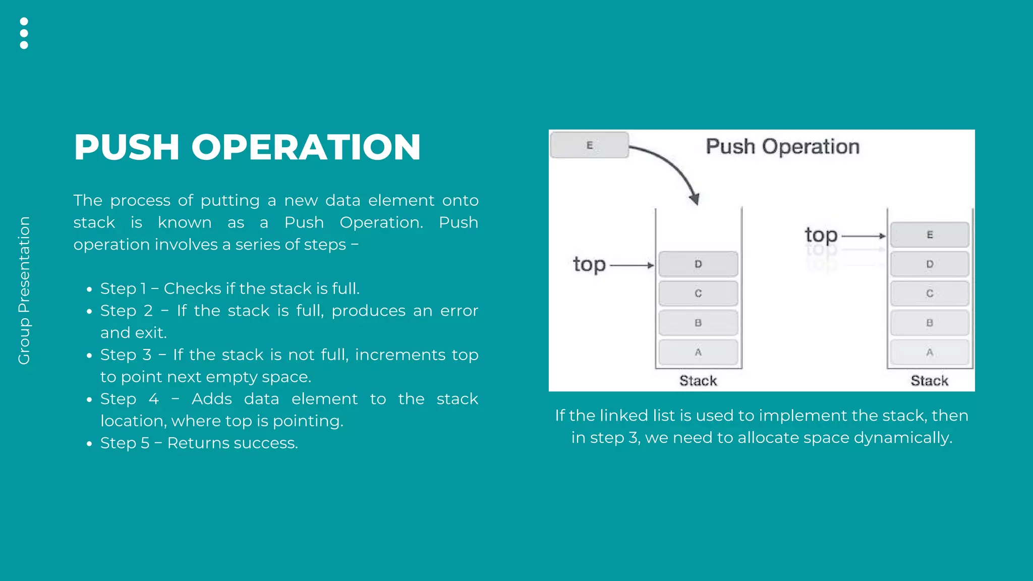 Group
Presentation
PUSH OPERATION
Step 1 − Checks if the stack is full.
Step 2 − If the stack is full, produces an error
and exit.
Step 3 − If the stack is not full, increments top
to point next empty space.
Step 4 − Adds data element to the stack
location, where top is pointing.
Step 5 − Returns success.
The process of putting a new data element onto
stack is known as a Push Operation. Push
operation involves a series of steps −
If the linked list is used to implement the stack, then
in step 3, we need to allocate space dynamically.
 