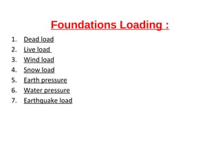 Foundations Loading :
1. Dead load
2. Live load
3. Wind load
4. Snow load
5. Earth pressure
6. Water pressure
7. Earthquake load
 