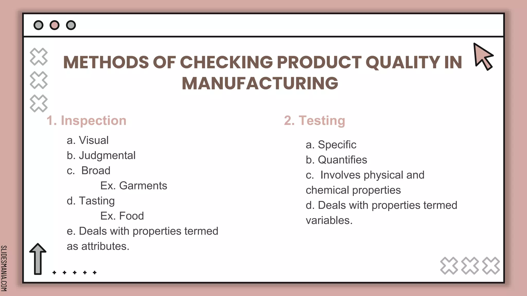SLIDESMANIA.COM
METHODS OF CHECKING PRODUCT QUALITY IN
MANUFACTURING
1. Inspection 2. Testing
a. Visual
b. Judgmental
c. Broad
Ex. Garments
d. Tasting
Ex. Food
e. Deals with properties termed
as attributes.
a. Specific
b. Quantifies
c. Involves physical and
chemical properties
d. Deals with properties termed
variables.
 