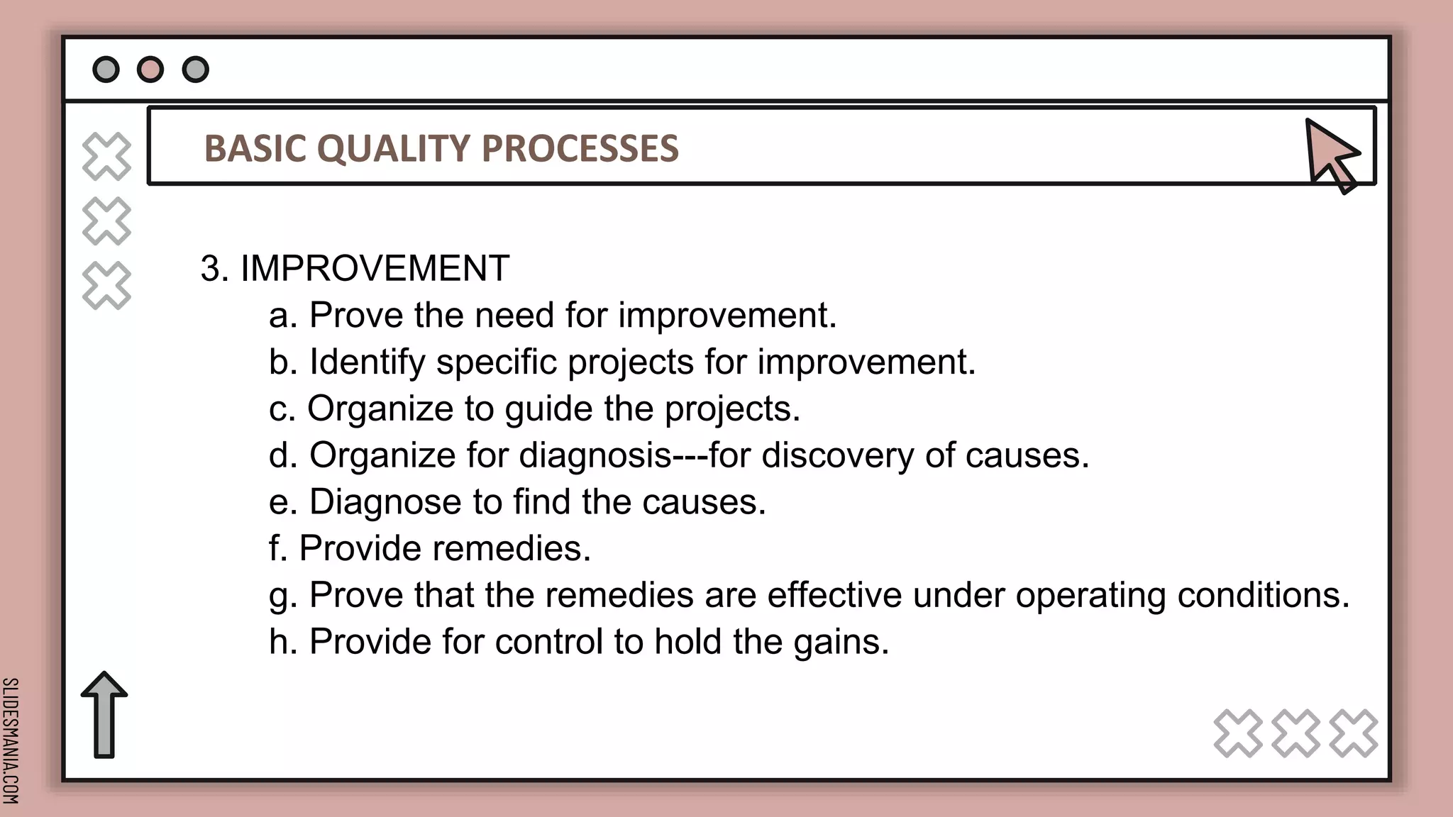 SLIDESMANIA.COM
BASIC QUALITY PROCESSES
3. IMPROVEMENT
a. Prove the need for improvement.
b. Identify specific projects for improvement.
c. Organize to guide the projects.
d. Organize for diagnosis---for discovery of causes.
e. Diagnose to find the causes.
f. Provide remedies.
g. Prove that the remedies are effective under operating conditions.
h. Provide for control to hold the gains.
 